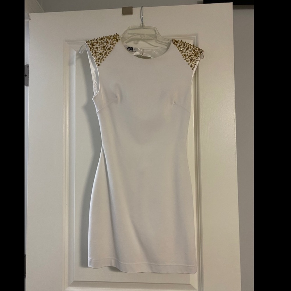 Bebe white dress with gold studded shoulder